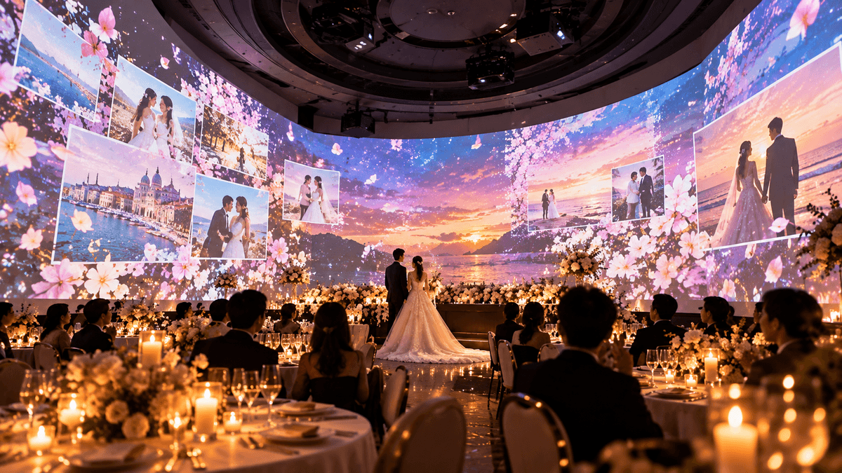 結婚式の披露宴会場に270度プロジェクションマッピング|全席を映像で包む没入型ウェディング演出