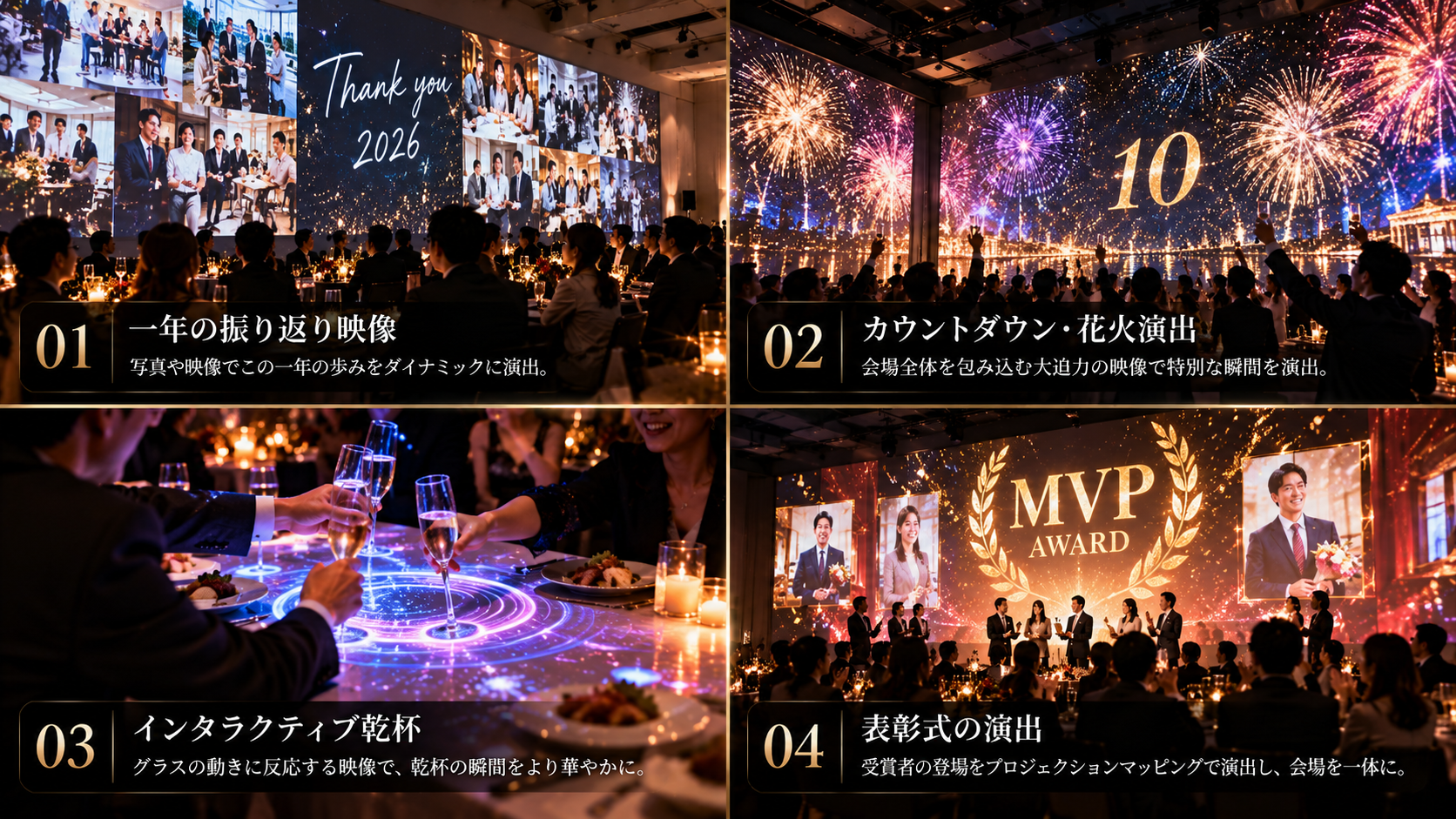 忘年会PMの演出アイデア|振り返り映像・カウントダウン花火・インタラクティブ乾杯・表彰式