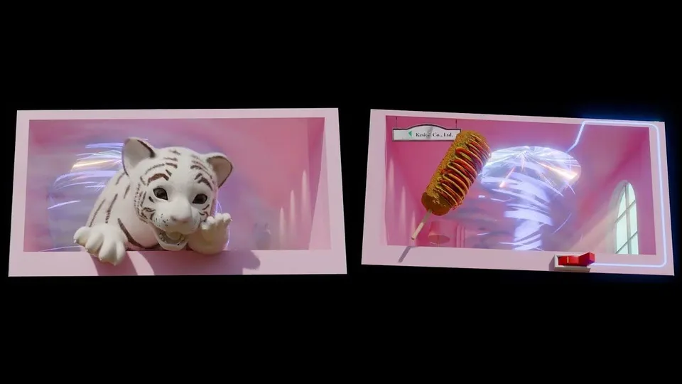 街頭の2面ビジョンに映し出された白虎とチーズハットグのCG